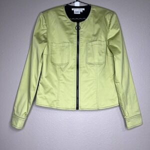 Vintage Maggy London Women's Green Full Zip Cropped Long Sleeve Jacket Sz 4